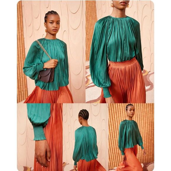 Ulla Johnson Tops - Ulla Johnson Aidy Blouse Jade Sz 4 Pleated Satin Smocked Cuffs NWOTs $390